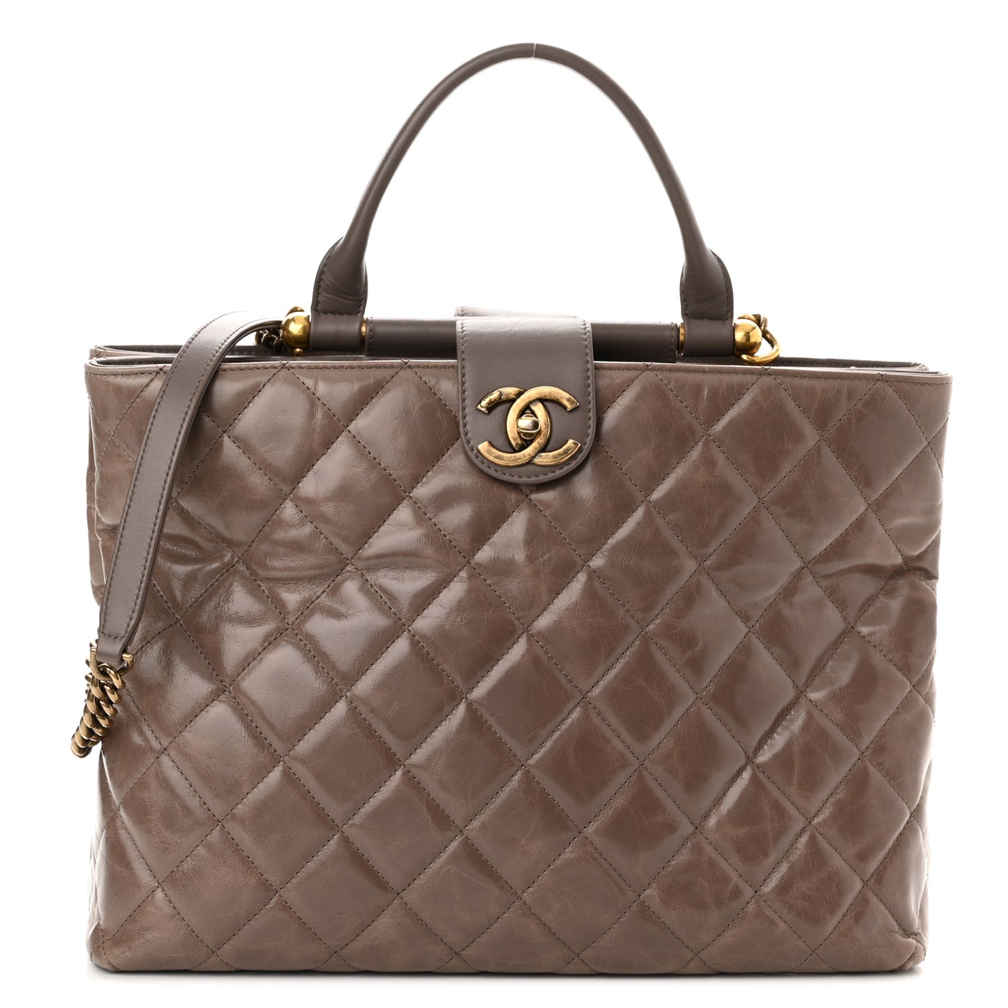 Glazed Calfskin Quilted Gold Bar Tote Dark Grey