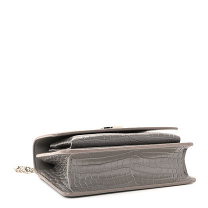 Saint Laurent Calfskin Crocodile Embossed Monogram Sunset Chain Wallet Grey 6 of 17