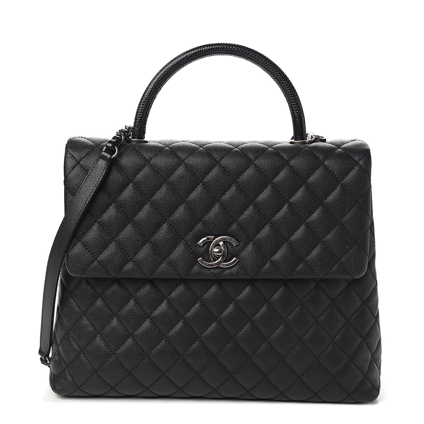 Caviar Lizard Quilted Large Coco Handle Flap Black