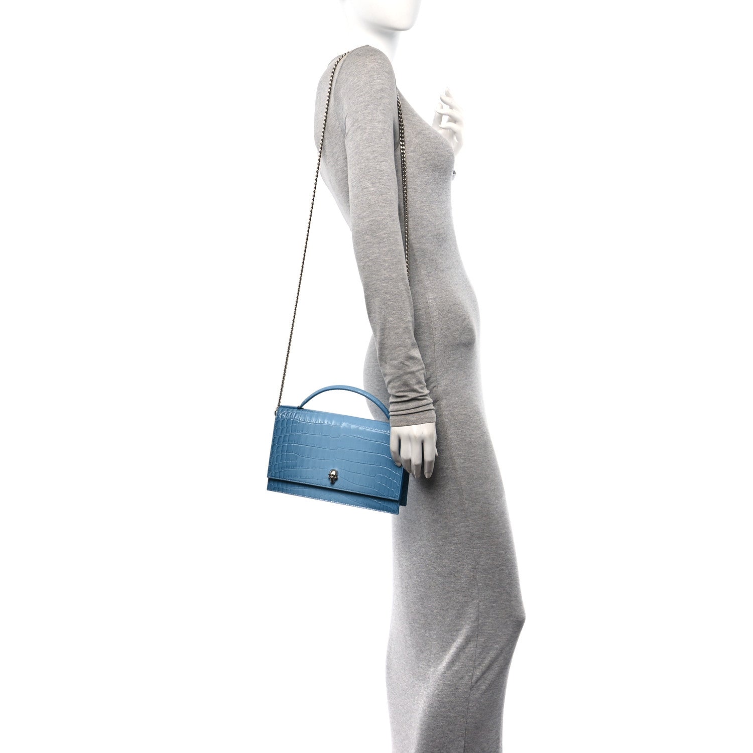 Alexander McQueen Calfskin Crocodile Embossed Medium Skull Top Handle Bag Blue 2 of 11