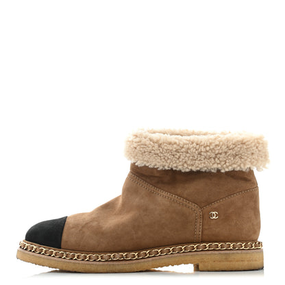 Chanel Kid Suede Shearling Womens Cap Toe Chain Short Boots 41 Light Brown Black 1 of 11