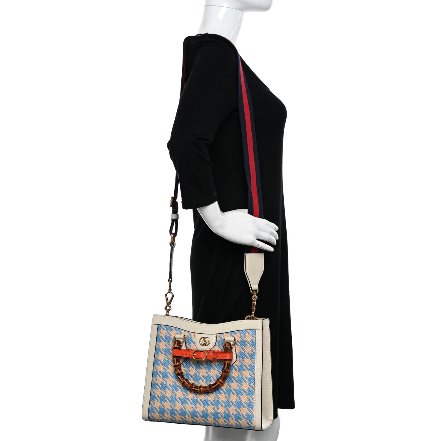 Gucci Raffia Textured Dollar Calfskin Web Houndstooth Small Diana Tote Bag Light Blue Natural Deep Orange 2 of 14
