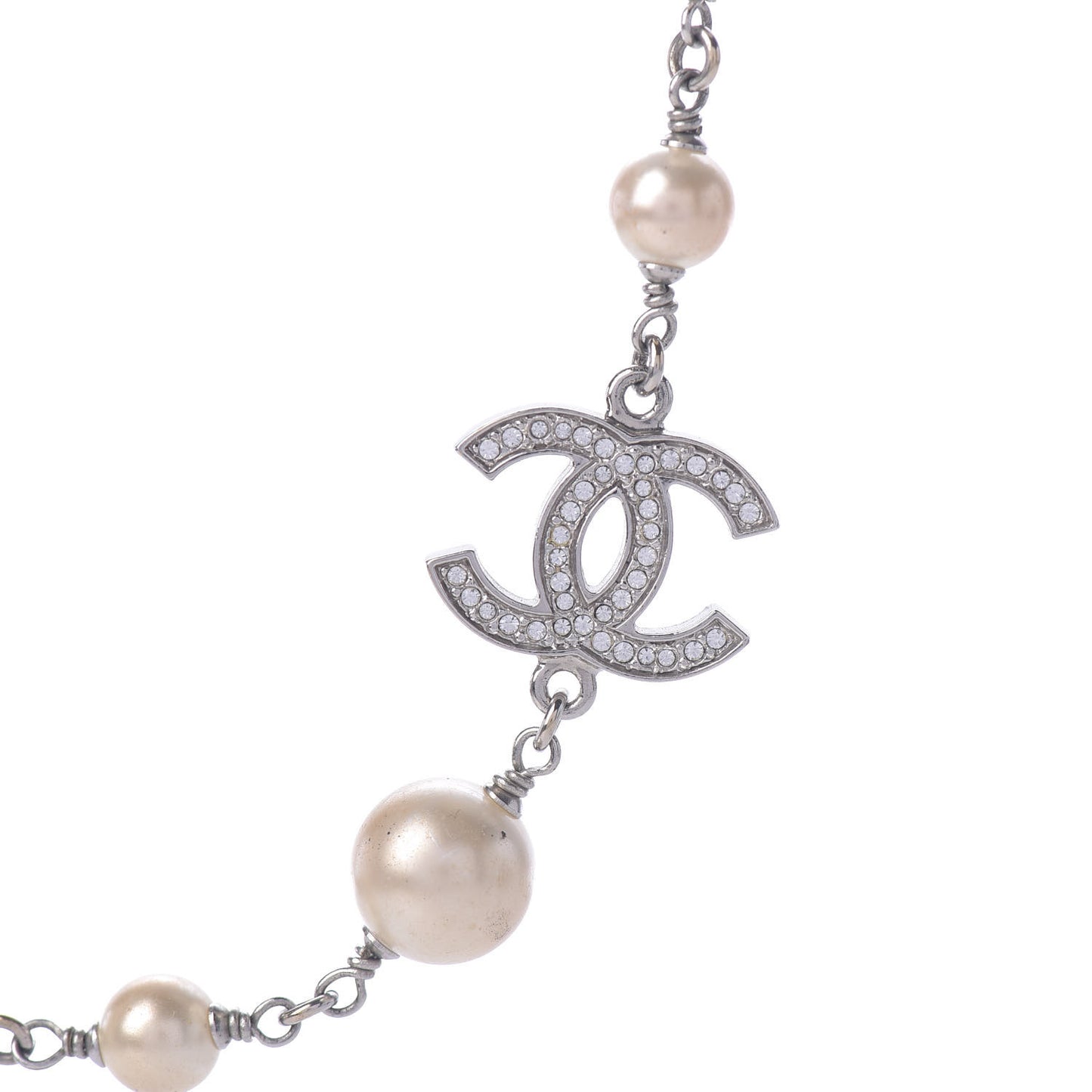 Crystal Pearl CC Long Necklace Silver