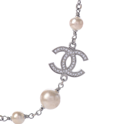 Chanel Crystal Pearl CC Long Necklace Silver 4 of 9