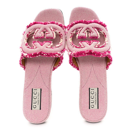 Gucci Fringed Canvas Interlocking G Cut Out Slide Sandals 37 Princess Fuxia Natural 2 of 9