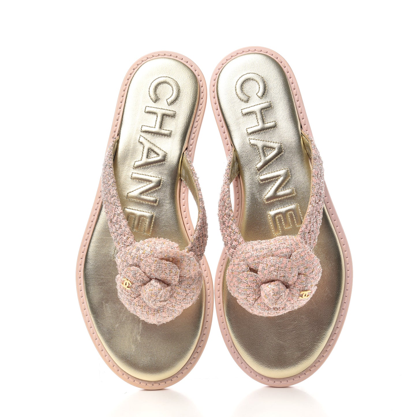 Tweed Quilted Camellia Thong Sandals 36 Salmon Apricot Gold