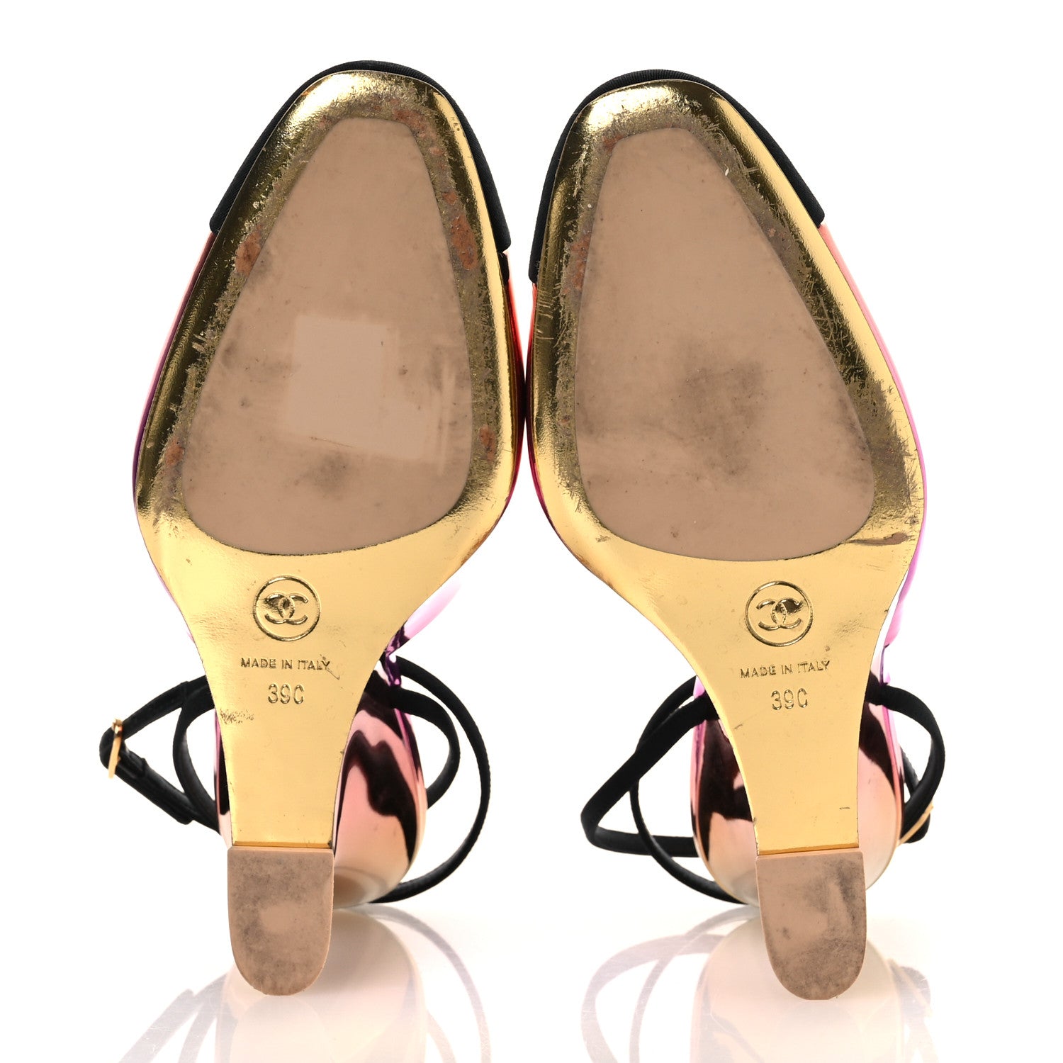 Chanel Laminated Calfskin Grosgrain Cap Toe CC Wedge Pumps 39 Pink Orange Yellow Black 7 of 13