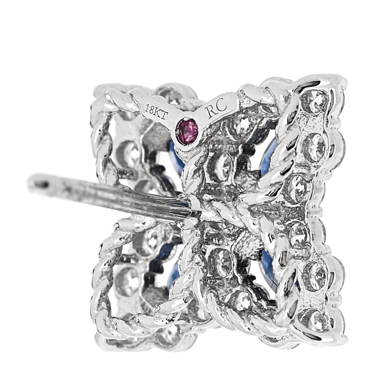18K White Gold Diamond Blue Sapphire Princess Flower Stud Earrings
