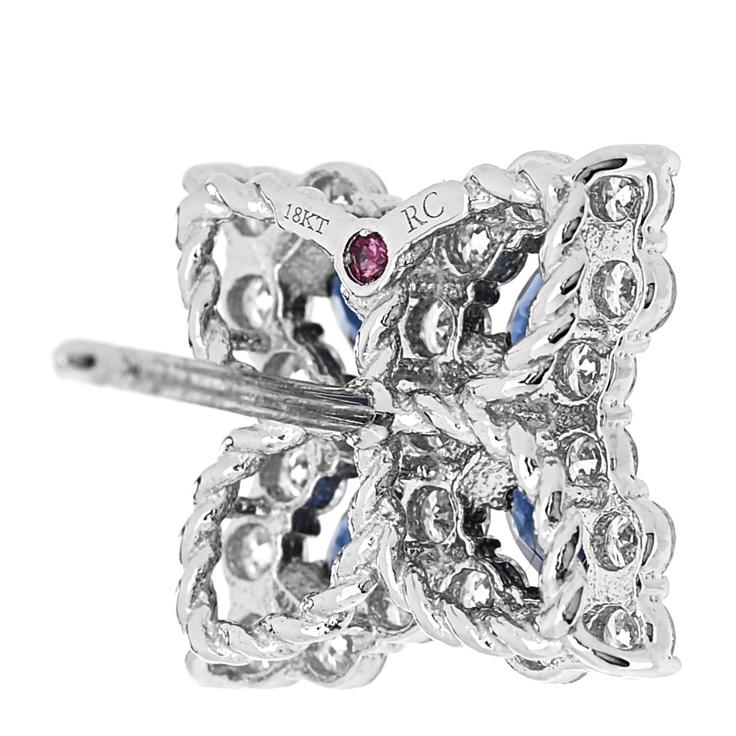 Roberto Coin 18K White Gold Diamond Blue Sapphire Princess Flower Stud Earrings 4 of 5