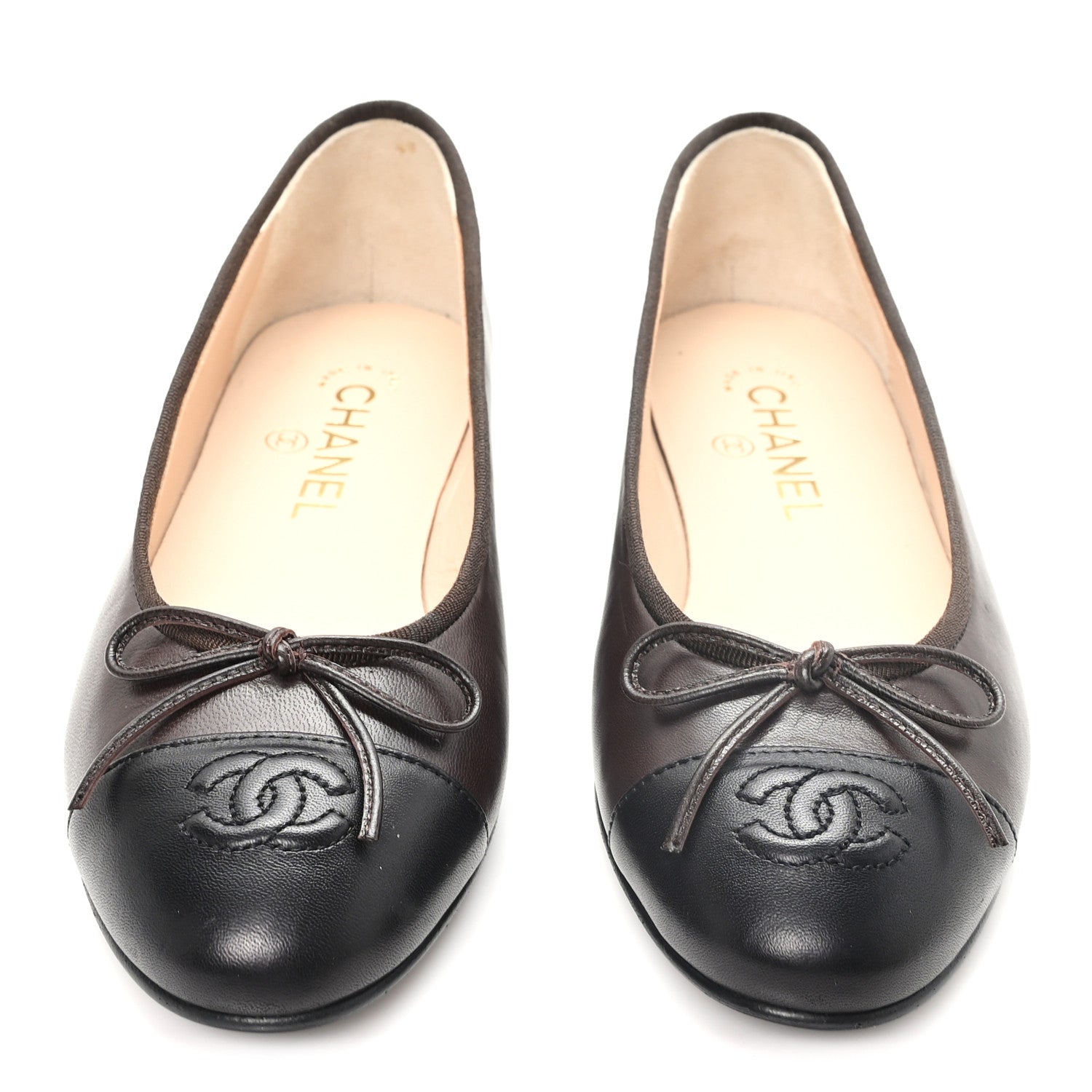 Chanel Lambskin Cap Toe CC Ballerina Flats 38 Brown Black 3 of 10