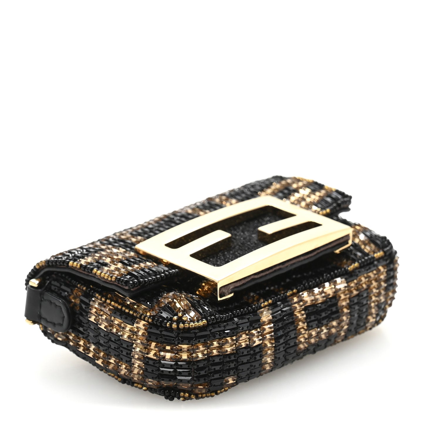 Crystal Vitello King FF Beaded Nano Maxi Buckle Baguette Charm Moro Black