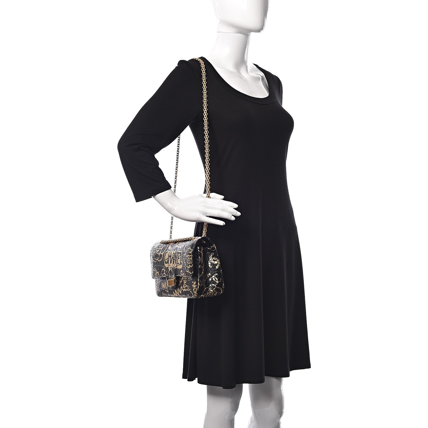 Chanel Calfskin Crocodile Embossed Graffiti 2.55 Cocodile Reissue 225 Flap Black Gold 2 of 10