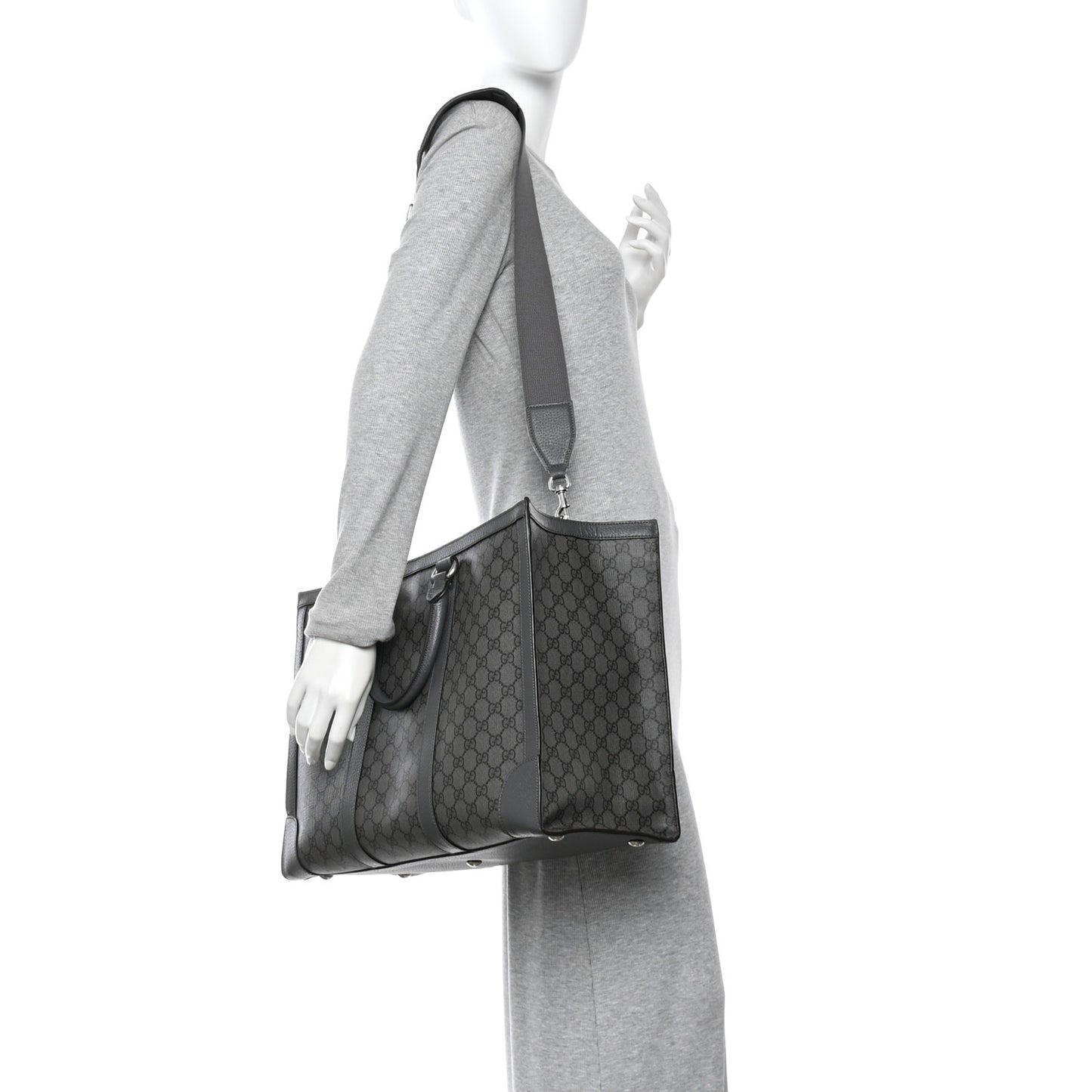 GG Supreme Monogram Textured Dollar Calfskin Large Ophidia Tote Bag Grey Black Graphite Grey