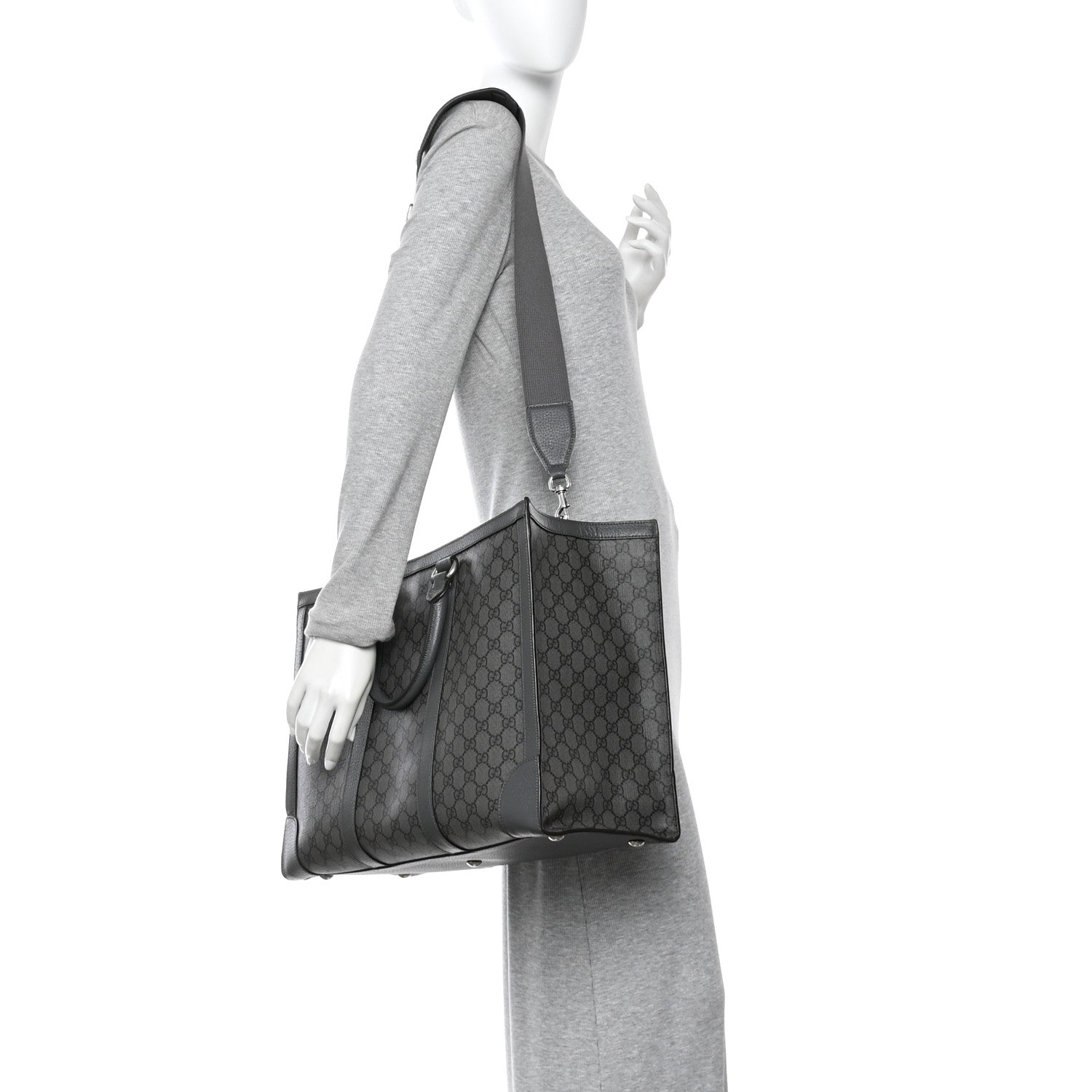 Gucci GG Supreme Monogram Textured Dollar Calfskin Large Ophidia Tote Bag Grey Black Graphite Grey 2 of 14