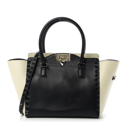 Valentino Garavani Vitello Bi-Color Small Rockstud Double Handle Tote Ivory Black 1 of 10