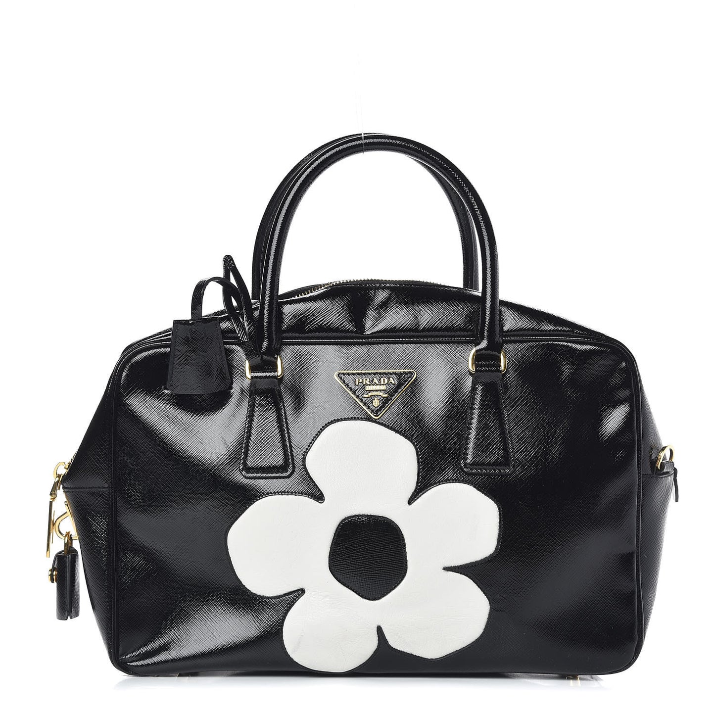 Saffiano Vernice Floral Bauletto Bag Black