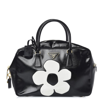 Prada Saffiano Vernice Floral Bauletto Bag Black 1 of 12