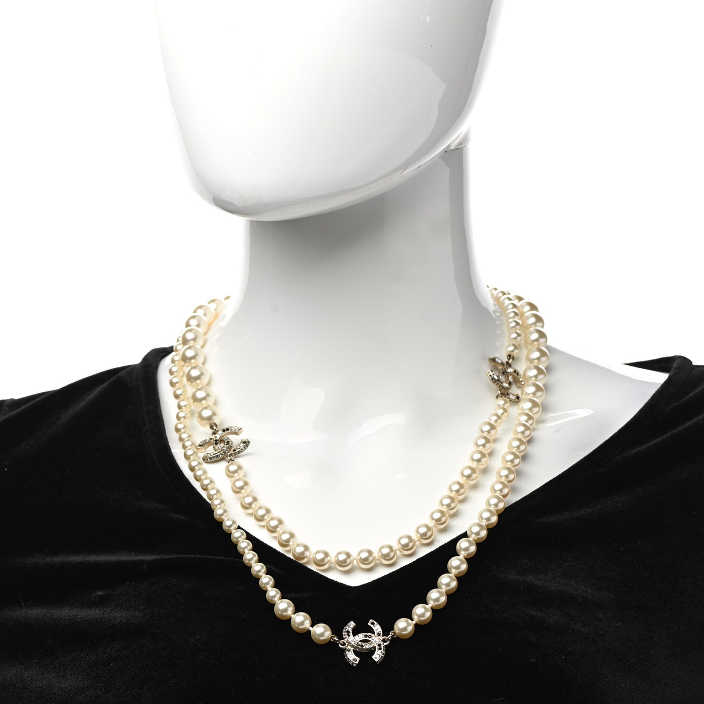 Graduated Pearl Crystal CC Long Necklace Gold Black