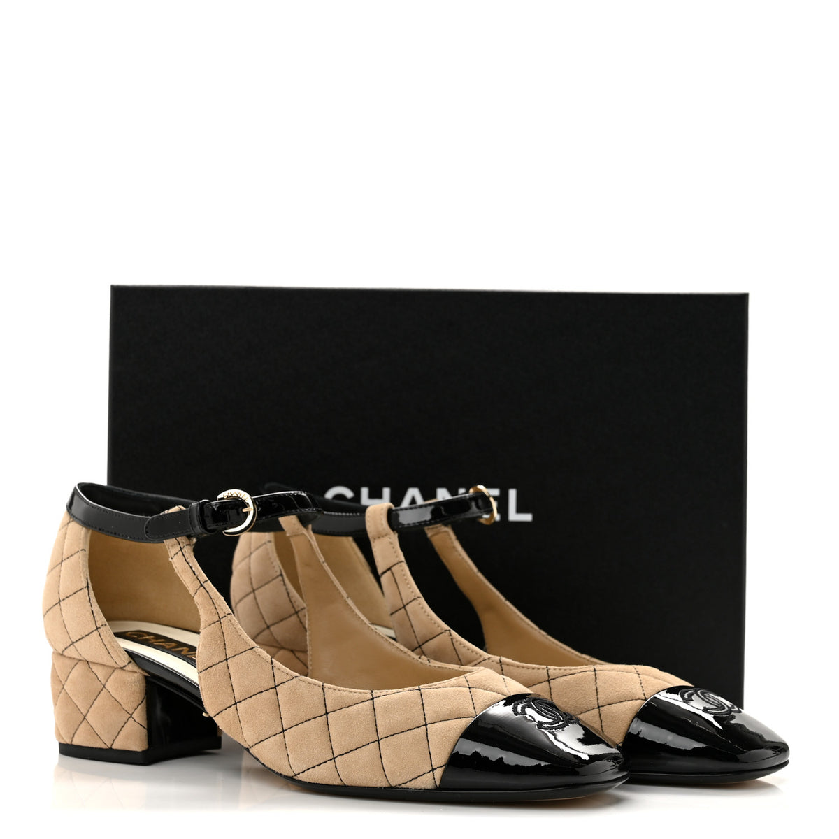 Suede Kidskin Patent Cap Toe Quilted Mary Jane Flats 40 Beige Black