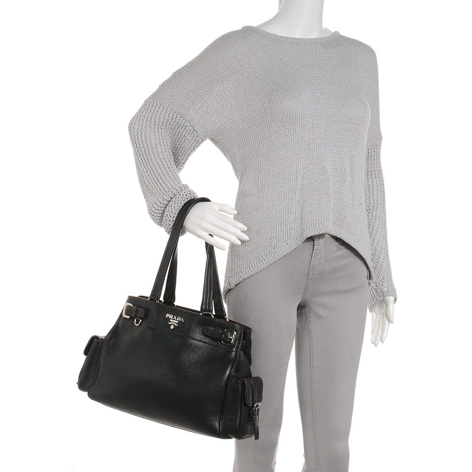 Prada Vitello Daino Logo Shoulder Bag Black 2 of 10