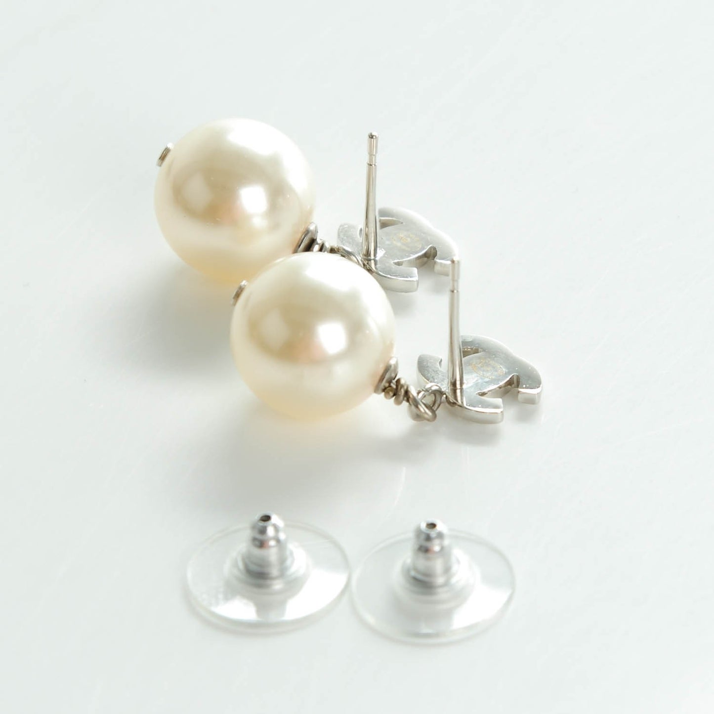 Crystal Pearl CC Drop Earrings Silver