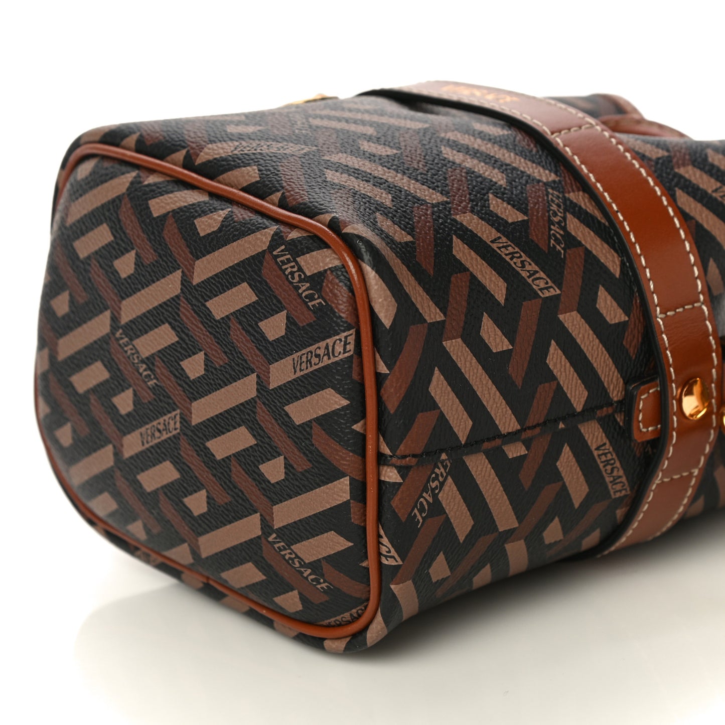 Coated Canvas La Greca Mini Bucket Bag Black Caramel