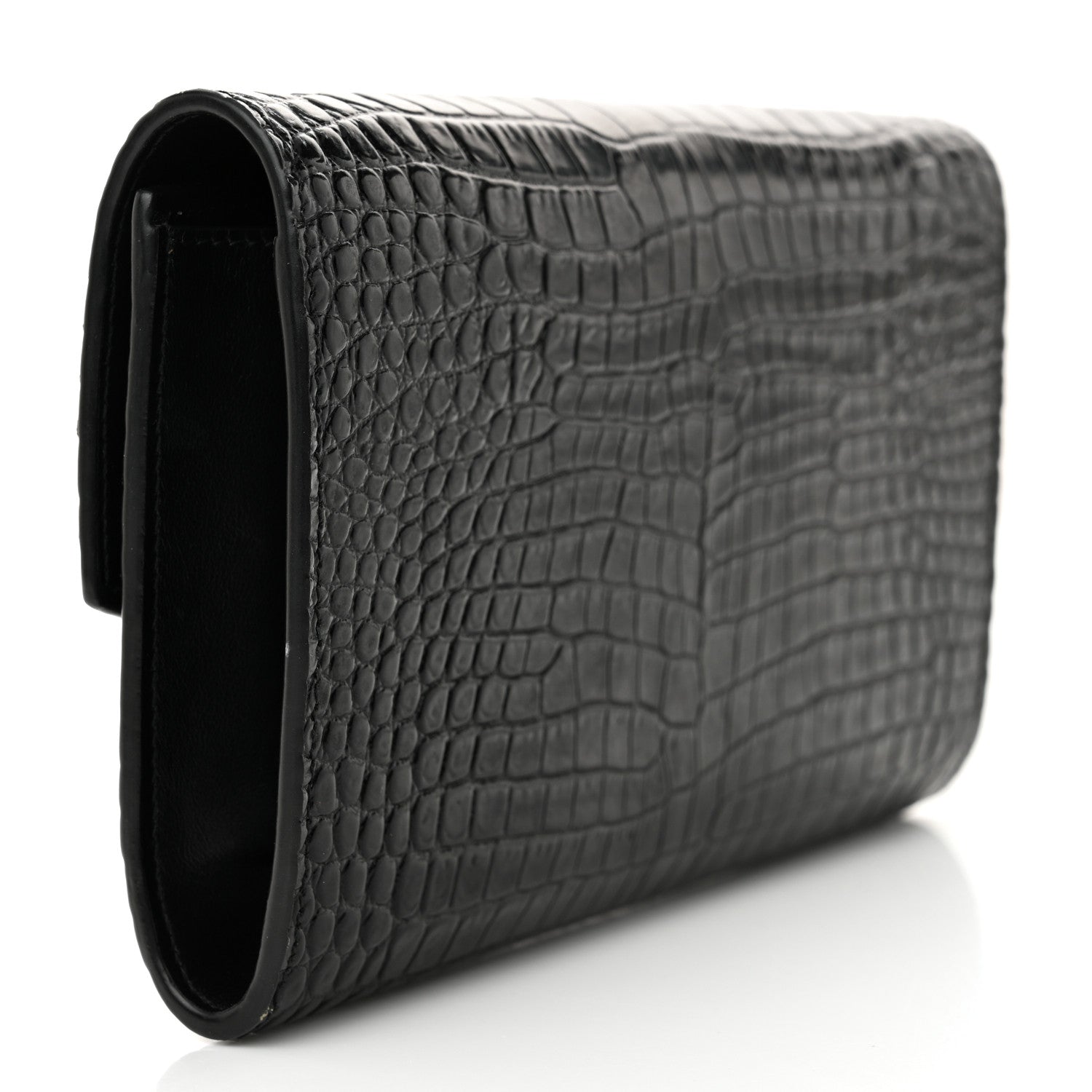 Saint Laurent Calfskin Crocodile Embossed Monogram Uptown Chain Wallet Black 3 of 11