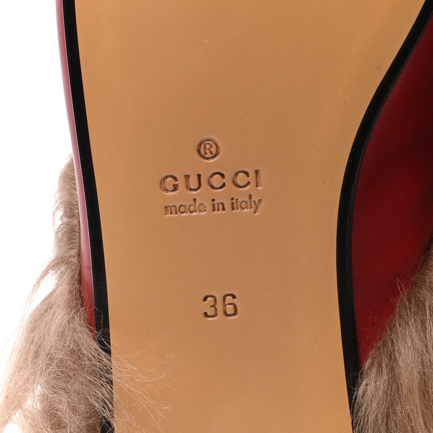 Gucci Betis Glamour Calfskin Fur Womens Princetown Slippers 36 Hibiscus Red Naturale 7 of 8