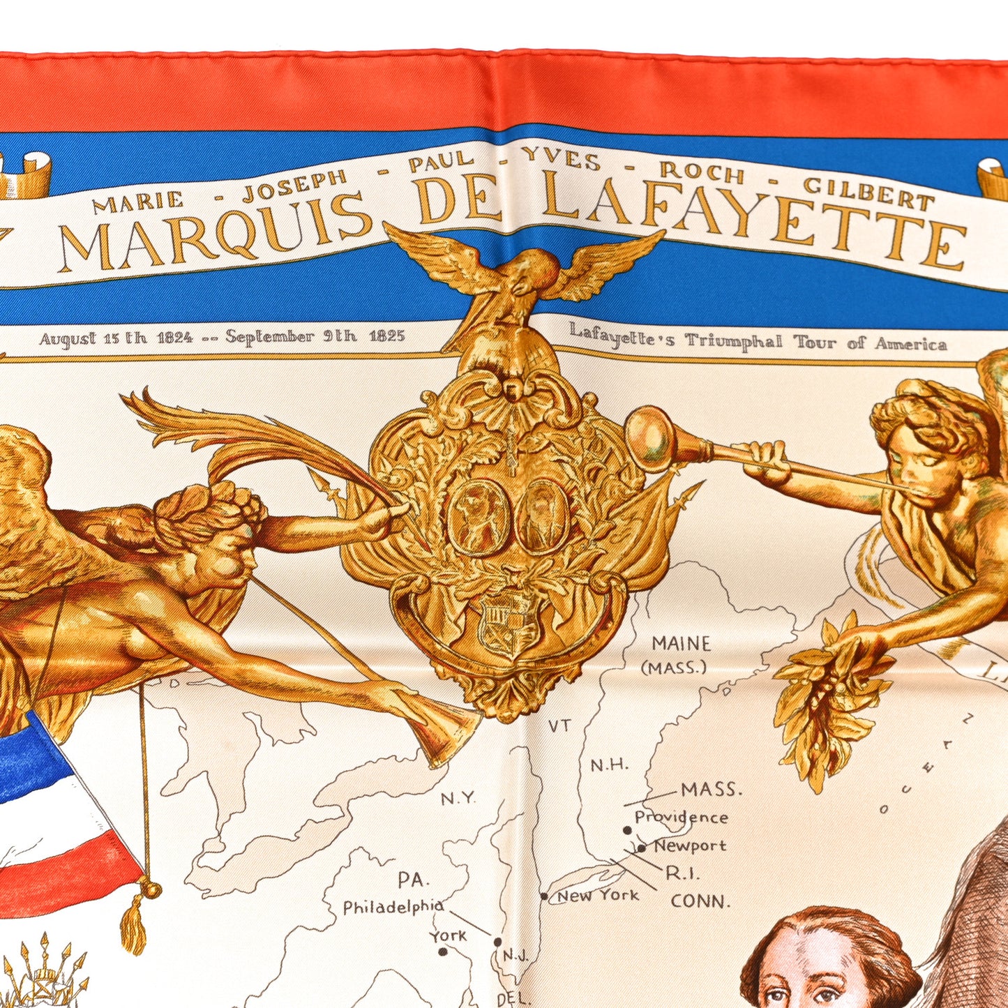 Silk Marquis De Lafayette Scarf 90 Mandarine Bleu Gitane Vieil Or