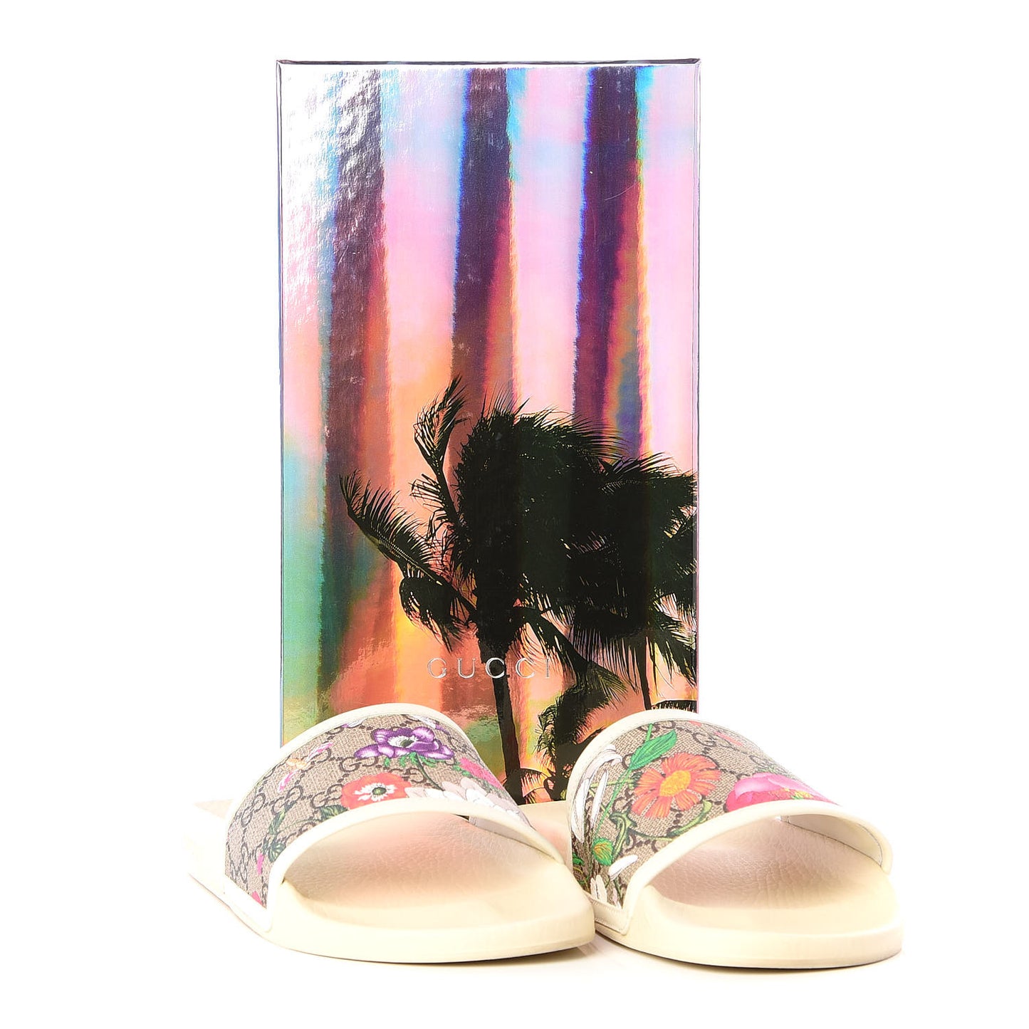 GG Supreme Monogram Flora Pursuit Slide Sandals 40 White