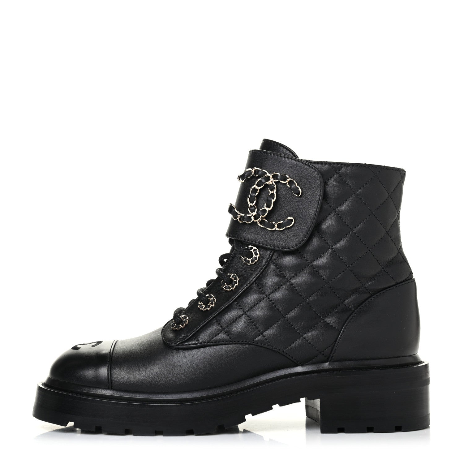 Chanel Shiny Lambskin Quilted Lace Up Combat Boots 37 Black 1 of 4