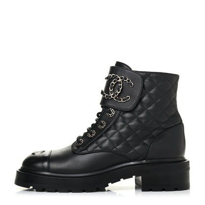 Chanel Shiny Lambskin Quilted Lace Up Combat Boots 37 Black 1 of 4