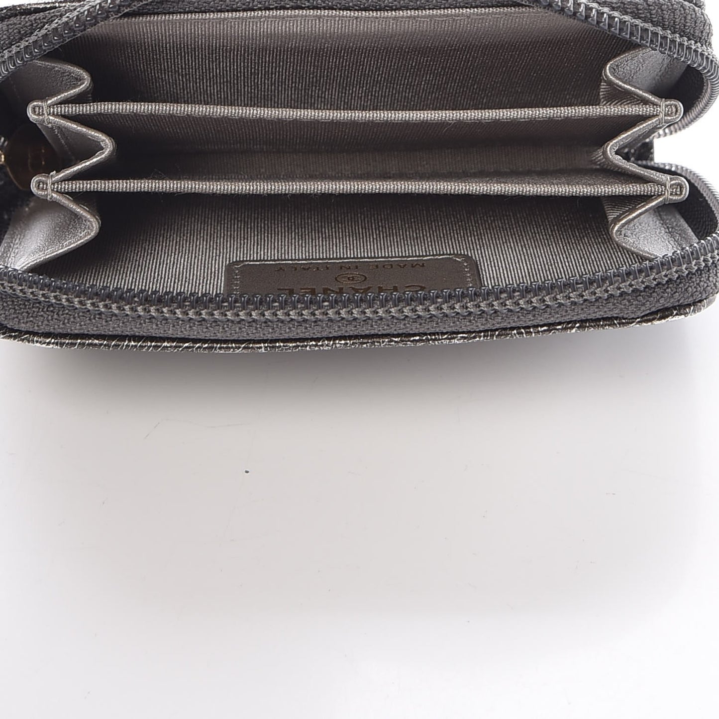 Cracked Metallic Calfskin Quilted Boy Zip Around Coin Purse Wallet Dark Silver