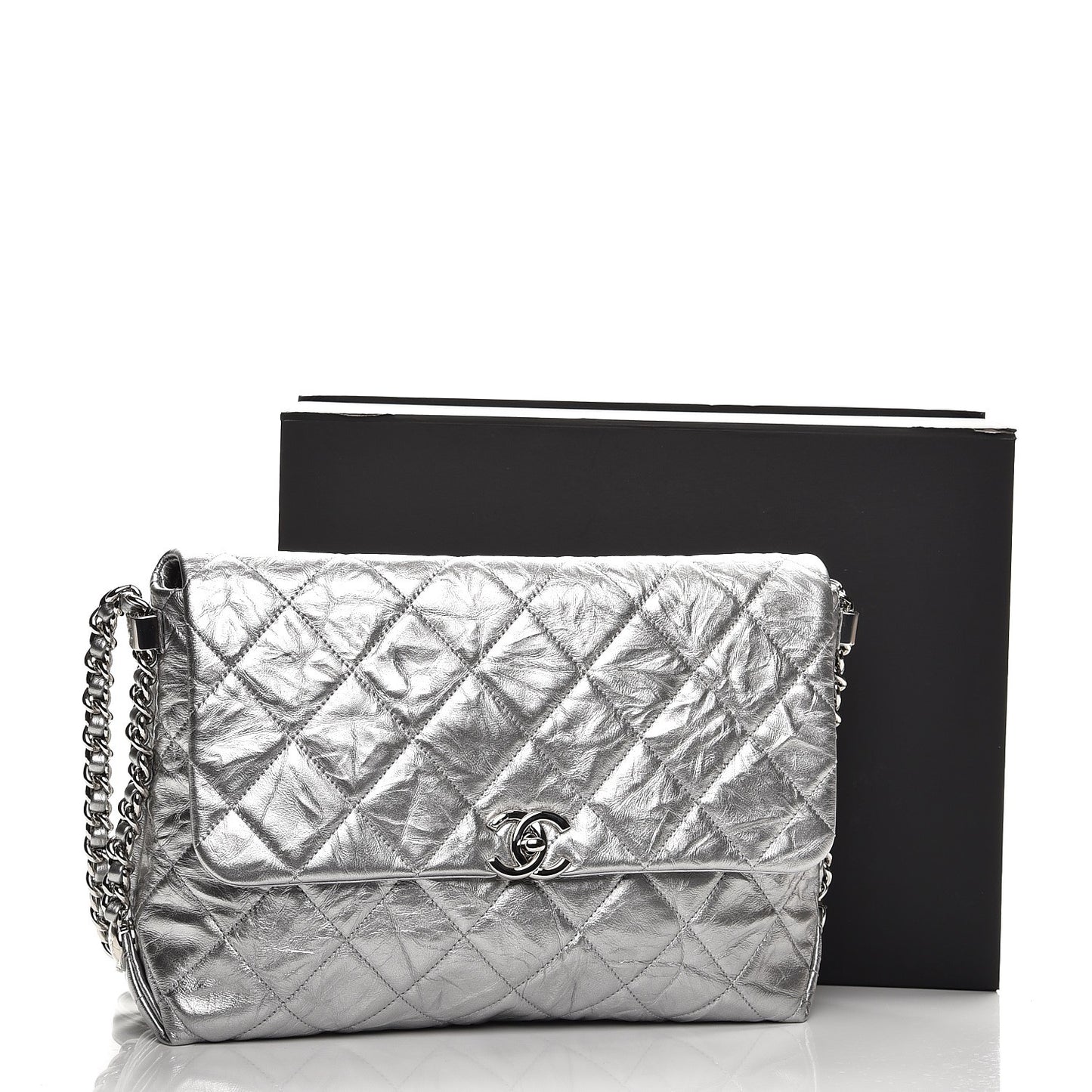 Metallic Crumpled Calfskin Big Bang Flap Bag Silver