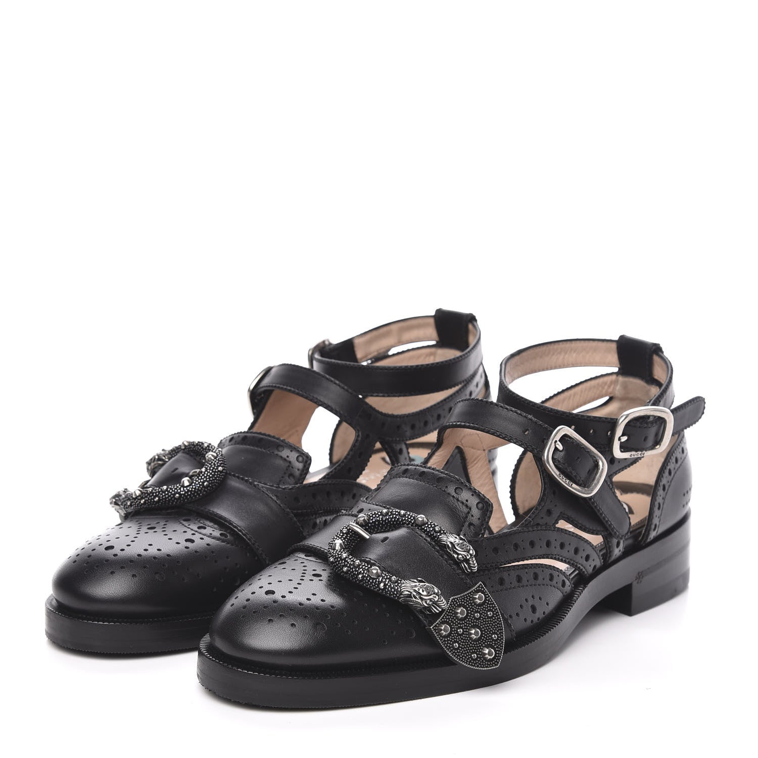 Gucci Calfskin Bee Embroidered Womens Queercore Brogue Wingtip Monk Strap Loafers 37 Black 3 of 8