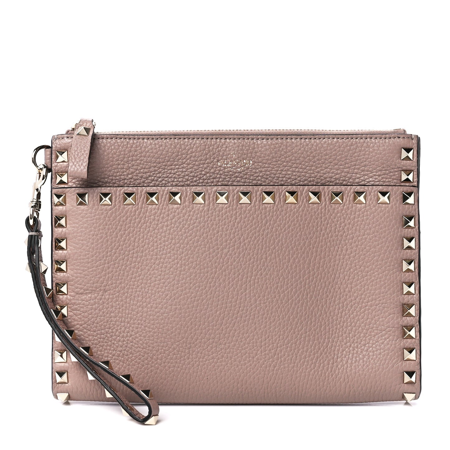 Pebbled Calfskin Medium Rockstud Flat Pouch Poudre