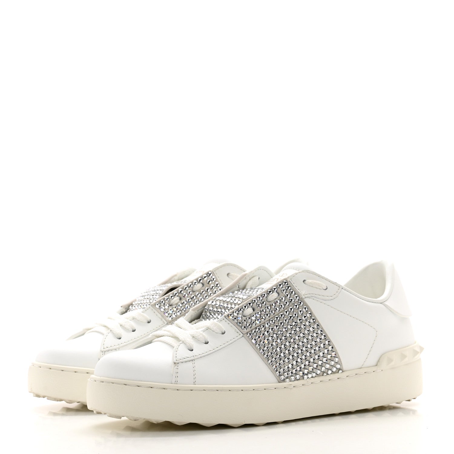 Valentino Garavani Calfskin Crystal Rockstud Open Sneakers 38.5 White Ice 3 of 9