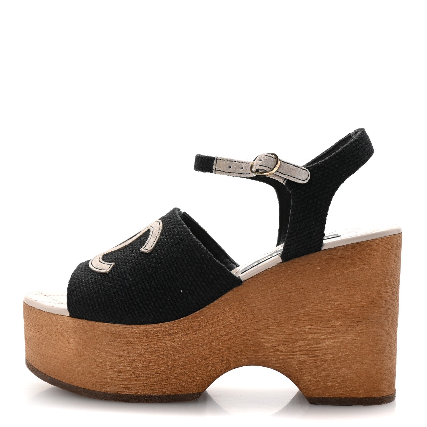 Chanel Fabric Calfskin Platform Wedge Sandals 37 Black 1 of 10