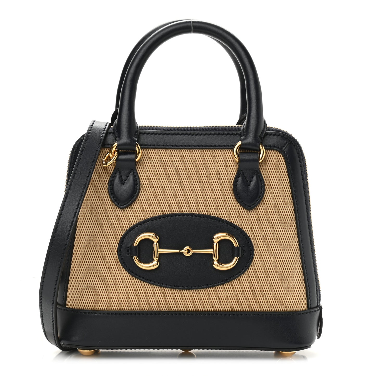 Vintage Rice Canvas Plutone Calfskin Mini Horsebit 1955 Top Handle Bag Beige Black