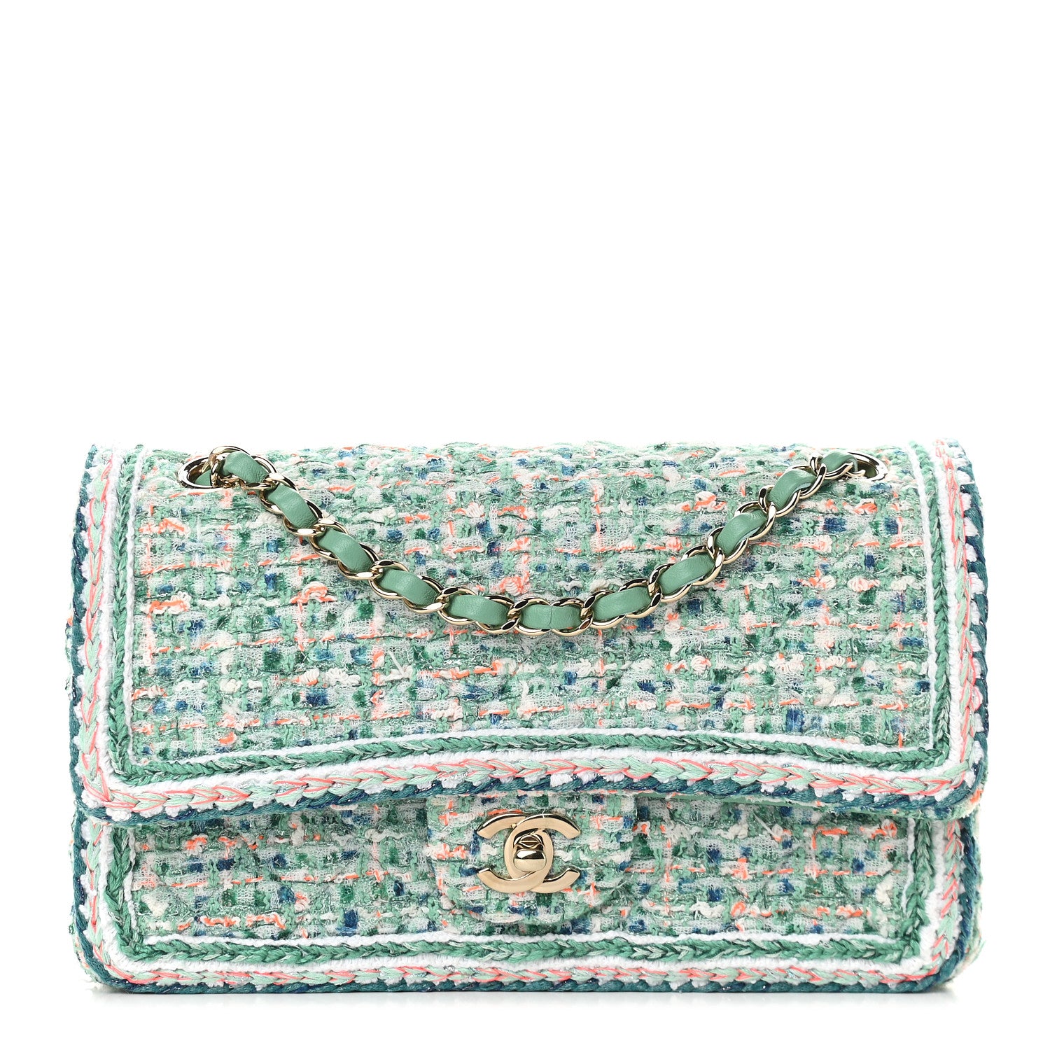 Chanel Tweed Quilted Medium Double Flap Green White Blue Orange 1 of 9