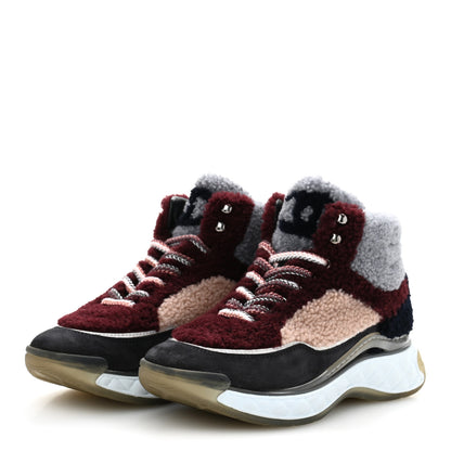 Chanel Shearling Lambskin Suede CC High Top Sneakers 36.5 Grey Pink Burgundy 4 of 8