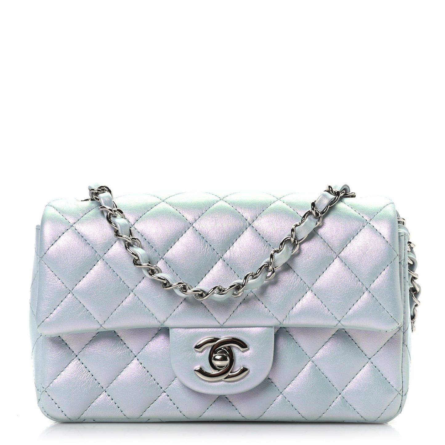Iridescent Calfskin Quilted Mini Rectangular Flap Light Blue