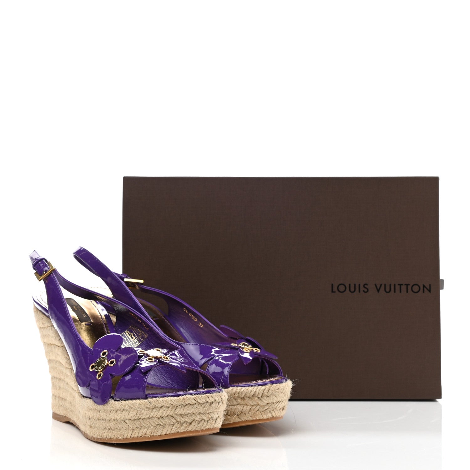 Louis Vuitton Patent Open Toe Espadrille Wedges 37 Purple 10 of 10