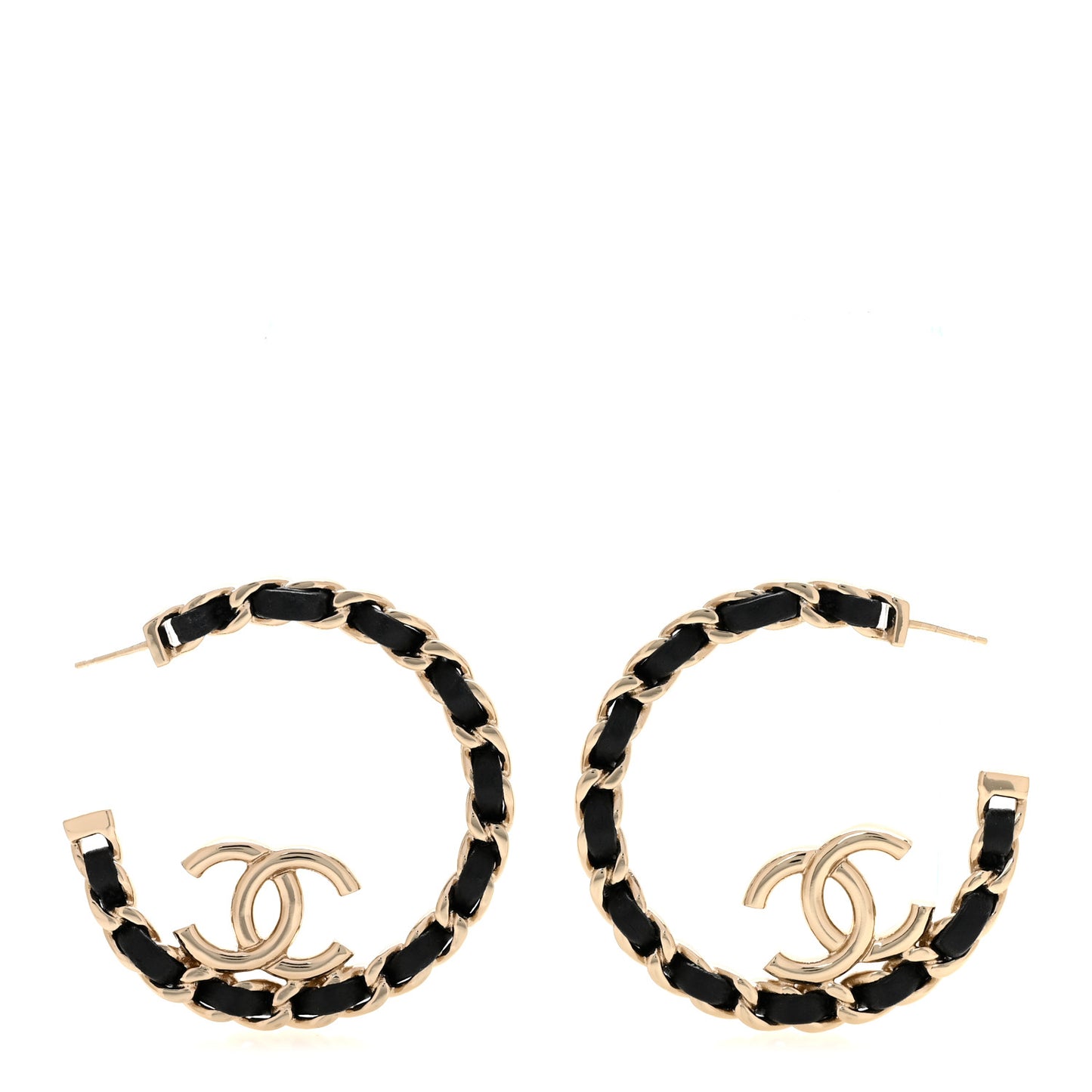 Metal Lambskin Quilted CC Chain Hoop Earrings Gold Black