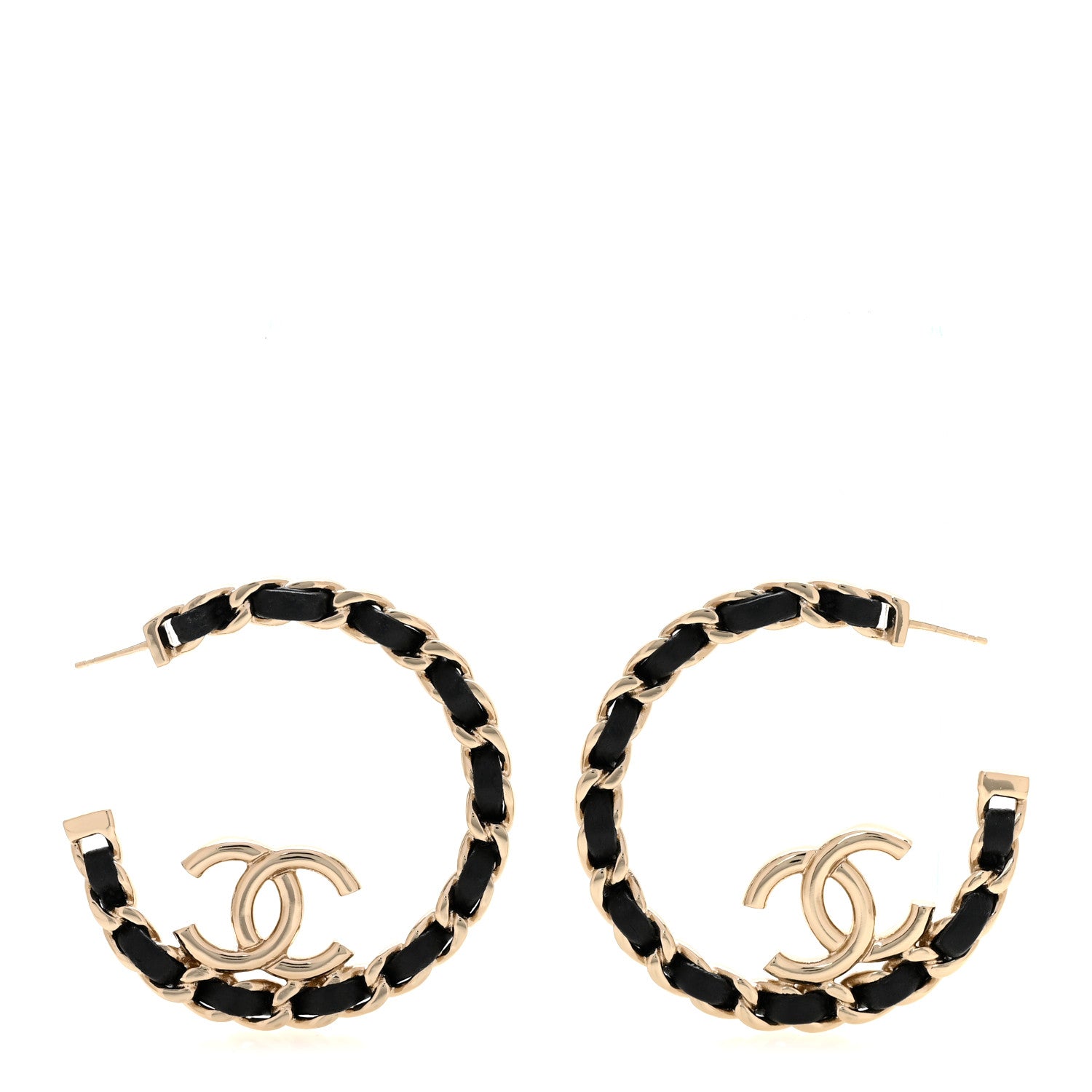 Chanel Metal Lambskin Quilted CC Chain Hoop Earrings Gold Black 1 of 6