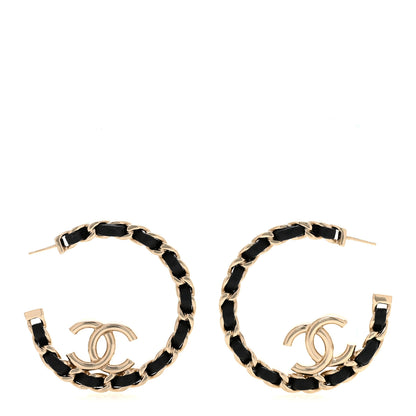 Chanel Metal Lambskin Quilted CC Chain Hoop Earrings Gold Black 1 of 6