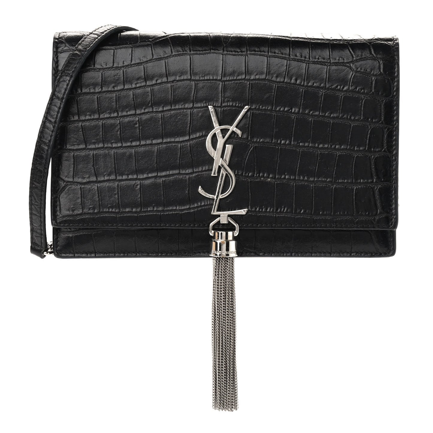 Calfskin Crocodile Embossed Kate Monogram Tassel Chain Wallet Black