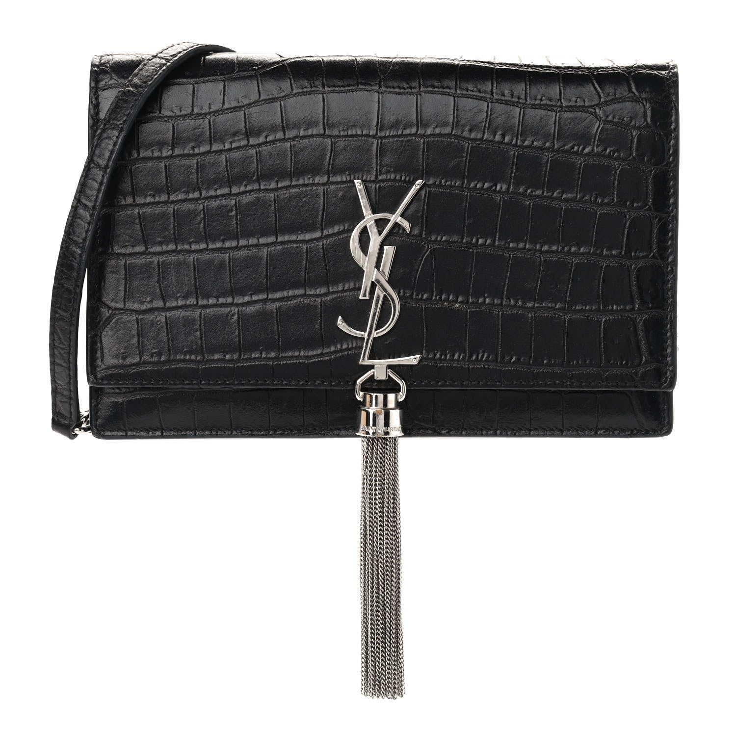 Saint Laurent Calfskin Crocodile Embossed Kate Monogram Tassel Chain Wallet Black 1 of 9