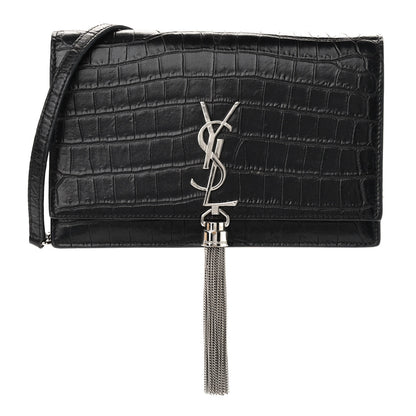 Saint Laurent Calfskin Crocodile Embossed Kate Monogram Tassel Chain Wallet Black 1 of 9