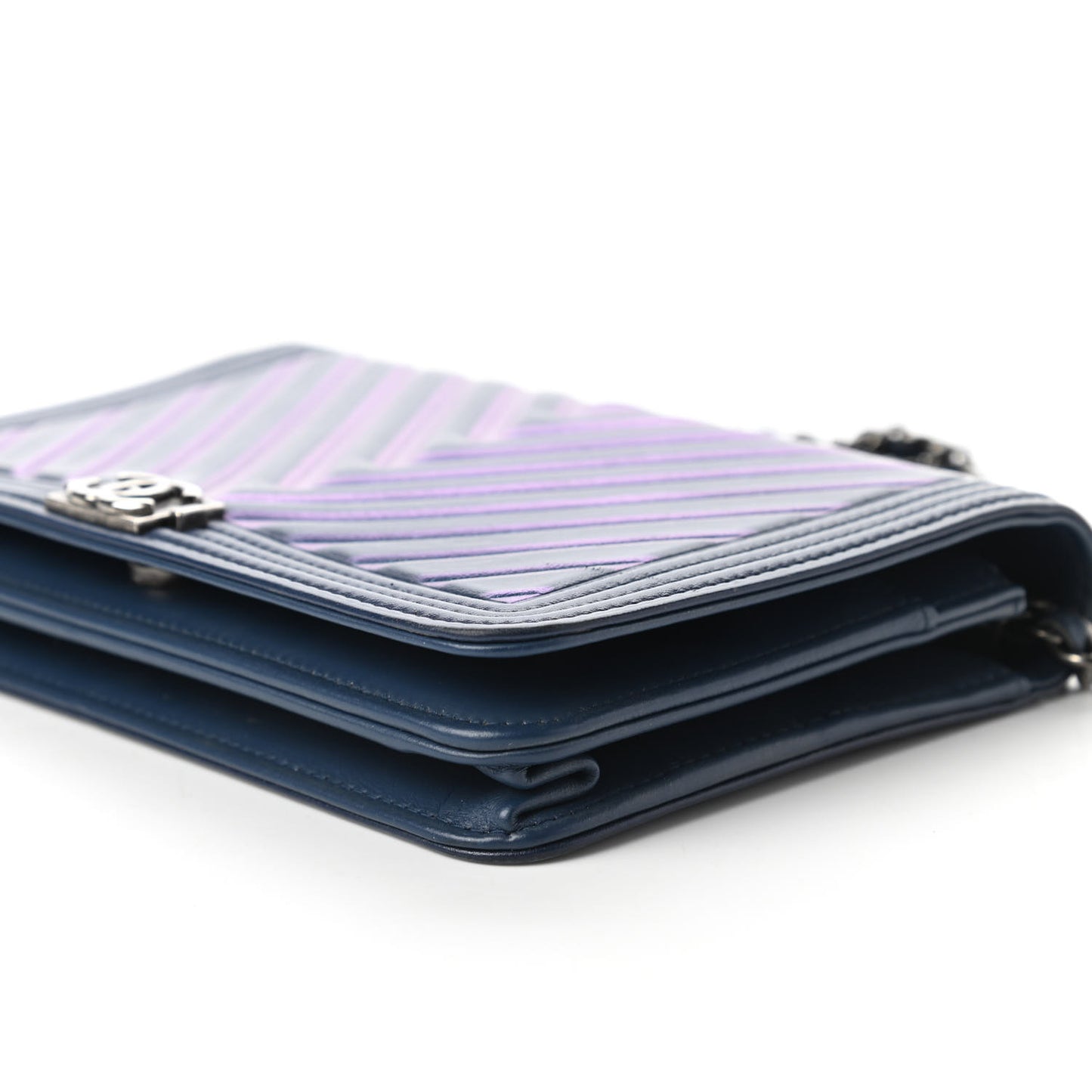 Calfskin Painted Chevron Embossed Boy Wallet On Chain WOC Navy